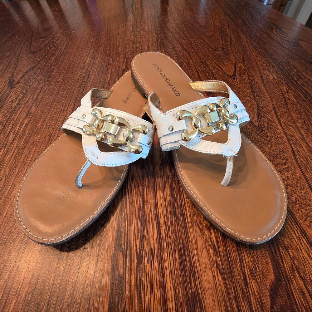 Artuo Chiang Leather White Summer Sandals Thong Flip Gold Summer Old Money SZ 9